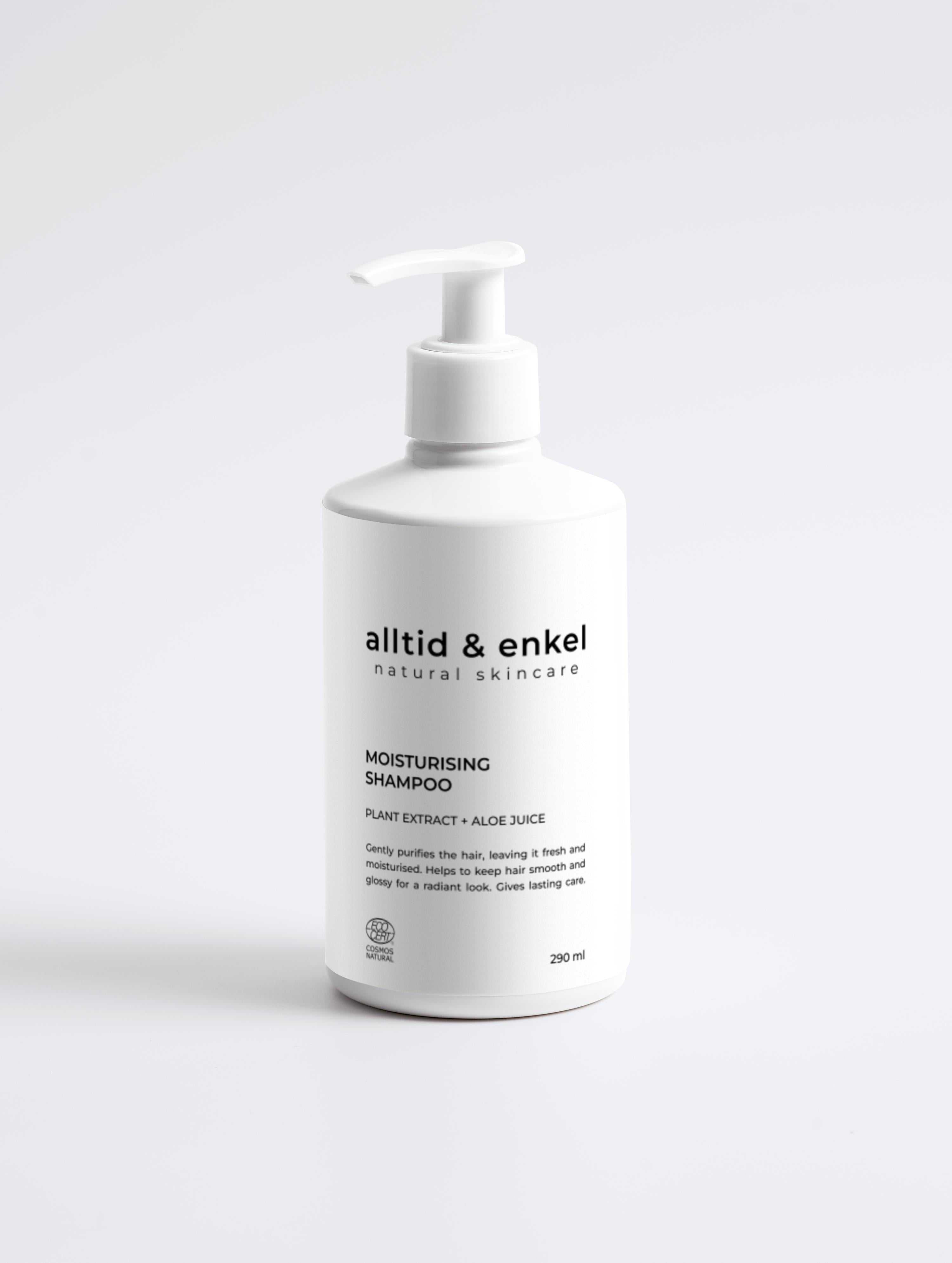 Moisturising shampoo in a sleek white bottle on a white background, 290 ml.